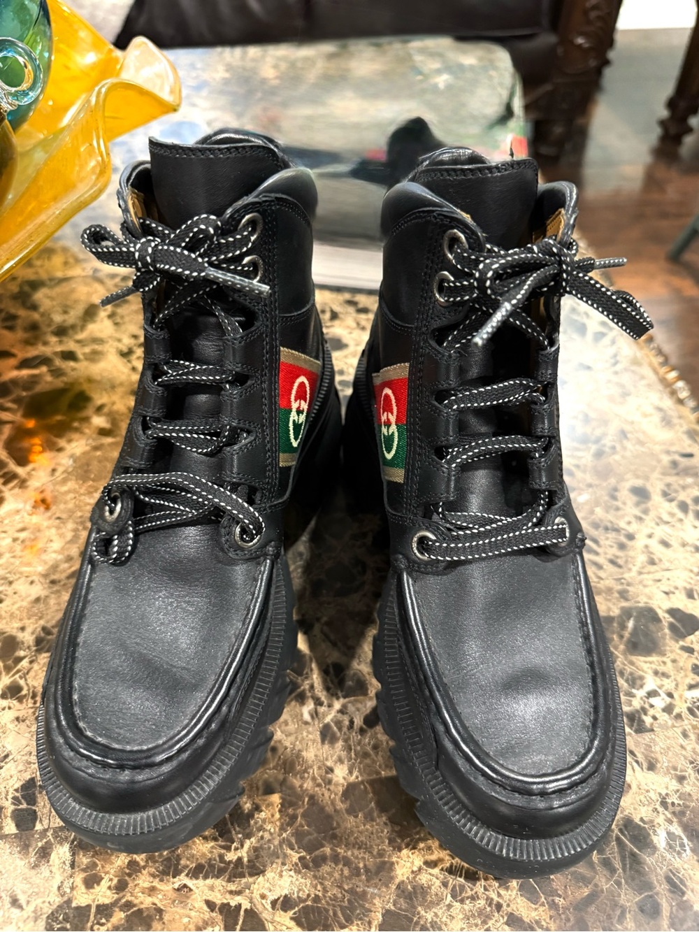 Gucci Black Leather Lace-Up Ankle Boots with Red & Green Web